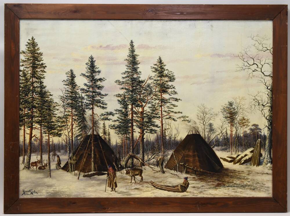 Ölgemälde auf Leinwand: "Winterlager der Lappen bei Juckasjärvi"
