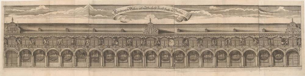 Darstellung der Hoffassade des Langen Ganges im Stallhof des Residenzschlosses in Dresden-Altstadt, 1586-1591 erbaut, Blick nach Norden, aus der Weck`schen Chronik